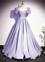 Light Purple Satin Short Sleeves Beaded Prom Dress, A Line Long Prom Dress