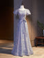 Light Purple Sequins Puff Sleeve Prom Dress