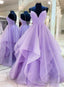 Light Purple Tulle Lace-up Layers Long Prom Gowns, Shiny Tulle Junior Prom Dresses