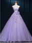 Light Purple Tulle Long Sweet 16 Dress with Bow, Lace Applique Purple Prom Dress Party Dress