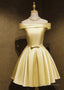 Light Yellow Satin Off Shoulder Knee Length Prom Dresseses Short Homecoming Dresses