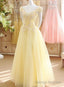 Light Yellow Tulle Cap Sleeves with Lace Applique Prom Dress, Yellow Long Prom Dress
