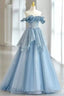 Light Sky Blue Off the Shoulder Tulle Prom Dress, Sparkly Long Party Gown
