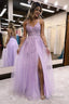 Lilac A Line Spaghetti Straps Lace Long Prom Dress with Slit