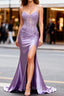 Lilac Floral Unique Mermaid Corset Long Prom Dress with Slit