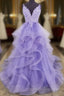 Lilac Tull Lace Applique Ball Gown Straps Prom Dresses Long Elegant Prom Dresses