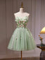 Green Tulle Beaded Prom Dress, Green Short Prom Dress with Flowers