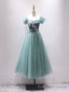 Green Velvet Tulle Tea Length Prom Dress, Cute A Line Prom Dress with Lace