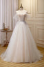 Champagne Lace Long A Line Prom Dress, Off the Shoulder Prom Dress