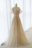A Line Tulle Beaded Long Prom Dress, Champagne Short Sleeve Prom Dress