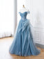 Blue Tulle Lace Long Formal Dress, A-Line Blue Evening Prom Dress