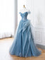 Blue Tulle Lace Long Formal Dress, A Line Blue Prom Prom Dress