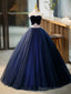 Blue Tulle Long Formal Dress with Velvet, Blue Sweetheart Neck Prom Dress