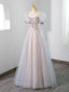 Cute Tulle Beaded Long Prom Dress, A Line Short Sleeve Prom Dress