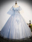 Blue Tulle Lace Long Prom Dress, Shiny A Line Short Sleeve Prom Dress