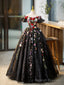 Black Tulle Long Prom Dress with Lace Flowers, Beautiful Off Shoulder Prom Gowns