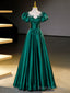 Green Satin Lace Floor Length Formal Dress, Short Sleeve A Line Prom Dress