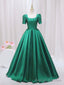 Green Satin Floor Length Prom Dress, Green Short Sleeve Prom Dress