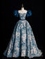 Blue Printed Long Ball Gowns, Elegant A Line Short Sleeve Prom Dress