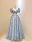 Blue Tulle Lace Long Prom Dress, Beautiful Short Sleeve Prom Dress