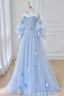 Blue Tulle Long Sleeve Prom Dresses, Cute A Line Prom Dresses with Applique