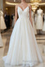 Long A Line Spaghetti Strap Lace Tulle Backless Wedding Dresses