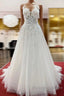 Long A Line Tulle Sleevless Ruffles Jewel Wedding Dresses With Lace Appliques