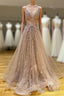 Long A Line V Neck Lace Tulle Prom Graduation Prom Dress