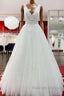 Long A Line V Neck Tulle Lace White Ruffles Wedding Dress