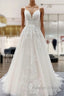 Long A Line V Neck Tulle Sleeveless Appliques Lace Backless Wedding Dresses