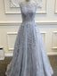 Long Custom Gray V-Back Scoop Tulle With Lace Appliques Prom Formal Prom Dress