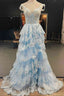 Long Light Blue Corset Lace Prom Gown Tiered Tulle Prom Graduation Dresses