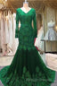 Long Mermaid Sequin Beaded Green Prom Dresses With Sleeves Lace Evening Dress