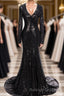 Long Mermaid V Neck Black Sequins Prom Dress with Sleeves