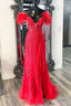 Long Off Shoulder Red Lace Prom Dress Feathers V Neck Mermaid Prom Dresses