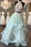Long Open Back Mint Two Piece High Neck Organza Prom Dress
