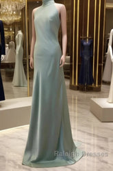 Long Satin Draped Sage Green Halter Bridesmaid Dress