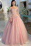 Long Sleeve Pearl Pink Off The Shoulder With Hand-made Flower Quinceanera Dress