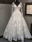 Long Sleeve V Neck A-Line Wedding Dress Backless Lace Appliques Bridal Gown Prom Dresses