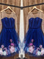 Long Sleeves 3D Floral Short Blue Prom Dress Short Blue Prom Graduation Homecoming Dress