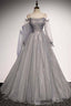 Grey Shiny Elegant Long Sleeves Long Tulle Prom Dress Formal Dress Evening Gown Graduation Dress