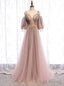 Long Sleeves Pink Tulle Long Prom Dress with Lace, Pink Floor Length Prom Dress