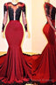 Long Sleeves Round Collar Mermaid Prom Dress Red Sequins Long Chiffon