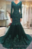 Long Sleeves V-neck Lace Prom Mermaid Dresses,Women Evening Dress