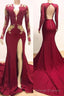 Long Sleeves V Neck Mermaid Prom Dress,Leg Split Formal Prom Dresses