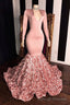 Long Sleeves V Neck Mermaid Prom Dress Pink Long Chiffon