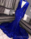 Long Sleeves V Neck Mermaid Prom Dress Sequins Long Chiffon Red Royal Blue