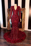 Long Sleevess V Neck Beading Patterns Long Mermaid Prom Gown