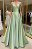 Long Spaghetti Straps V Neck Slit Satin Dresses