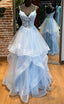 Long Straps Tiered Blue Prom Dress Lace Tulle